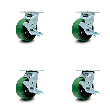 Service Caster 5 Inch Green Poly on Steel Caster Set with Ball Bearings and Brake/Swivel Lock SCC-30CS520-PUB-GB-TLB-BSL-4